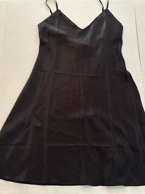 Silksilky Satin Black V-Neck Slip with Adjustable Spaghetti Straps